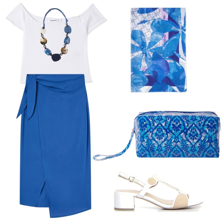 Outfit donna - La T-shirt che valorizza le spalle. Stile Bon Ton per Ufficio. Abbinamento con gonne lunghe, t-shirt, pochette, stole, collane, sandali col tacco.