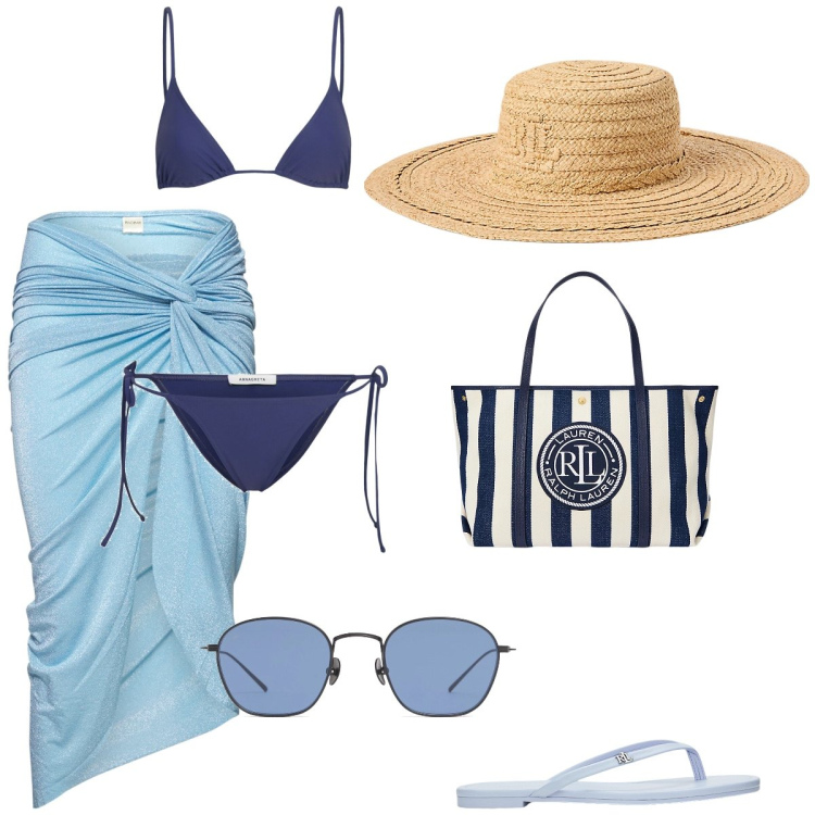 Outfit donna - Voglia di mare. Stile Trendy per Mare. Abbinamento con ciabatte, borse tote, cappelli, vestiti da spiaggia, occhiali da sole, bikini.