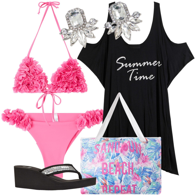 Outfit donna - Romanticismo in spiaggia. Stile Romantica per Mare. Abbinamento con infradito, vestiti da spiaggia, borse tote, bikini, bikini, orecchini.