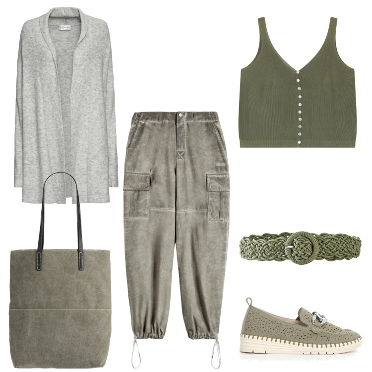 Outfit donna - Total look #2187402. Stile Etnico per Tutti i giorni. Abbinamento con cinture, cardigans, borse a spalla, top, pantaloni cargo, mocassini.