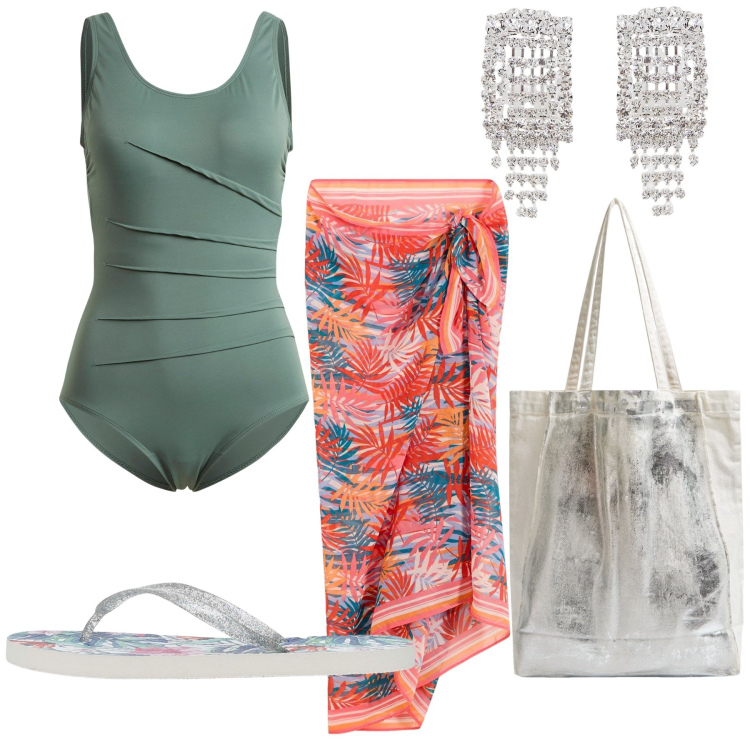 Outfit donna - Gli orecchini wow ed e’ ora di aperitivo. Stile Glamour per Mare. Abbinamento con costumi interi, vestiti da spiaggia, infradito, shopping bag, orecchini.