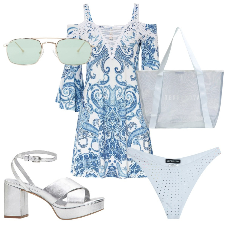 Outfit donna - Total look #2187412. Stile Trendy per Mare. Abbinamento con vestiti, sandali col tacco, shopping bag, occhiali da sole, bikini.