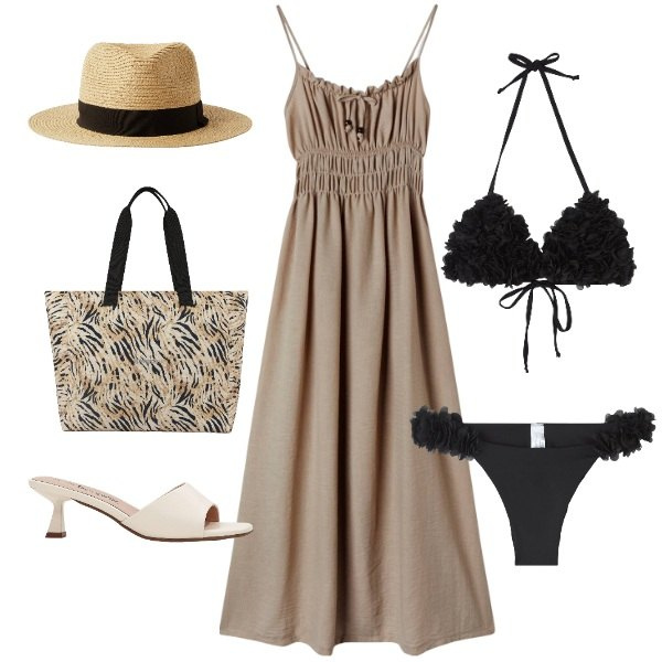 Outfit donna - Estate al naturale. Stile Chic per Mare. Abbinamento con ciabatte, vestiti lunghi, bikini, bikini, cappelli, shopping bag.