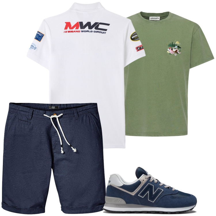 Outfit uomo - Vacanze in liberta. Stile Casual per Tutti i giorni. Abbinamento con bermuda, polo, sneakers, t-shirt.