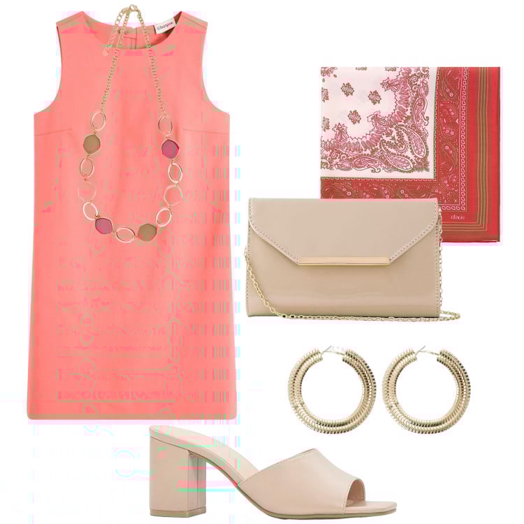 Outfit donna - Corallo anni ‘60 di sera. Stile Glamour per Serata fuori. Abbinamento con vestiti, sandali col tacco, pochette, foulard, orecchini, collane.