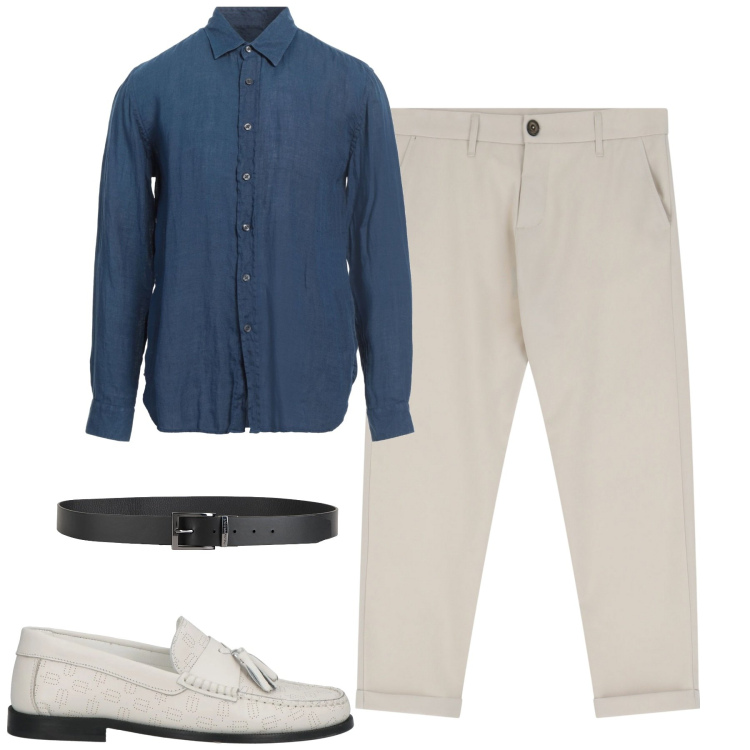 Outfit uomo - La camicia in lino blu. Stile Urban per Tutti i giorni. Abbinamento con camicie, scarpe stringate, cinture, pantaloni chino.