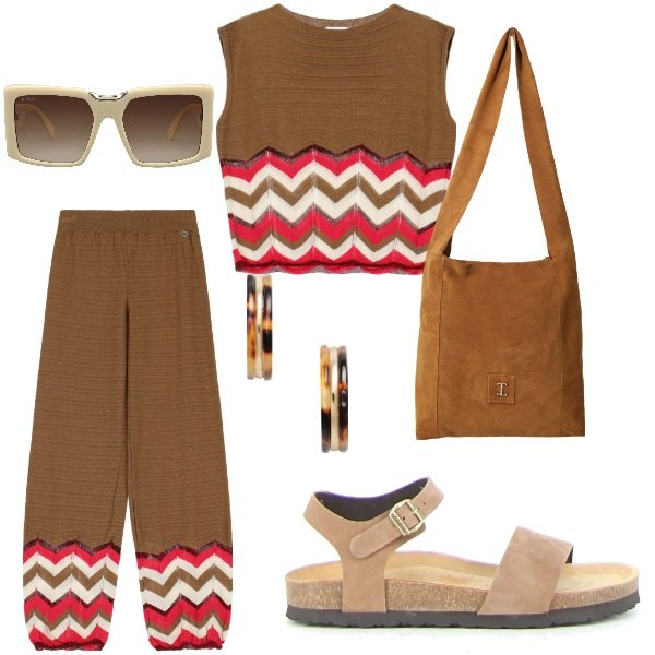 Outfit donna - Comodamente estate. Stile Casual chic per Tutti i giorni. Abbinamento con occhiali da sole, pantaloni, maglieria, borse a tracolla, orecchini, sandali.