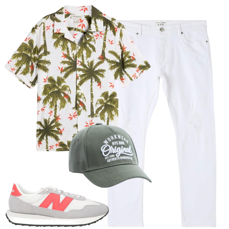 Outfit uomo - Weekend. Stile Casual per Tutti i giorni. Abbinamento con camicie a manica corta, sneakers, jeans strappati, cappelli.