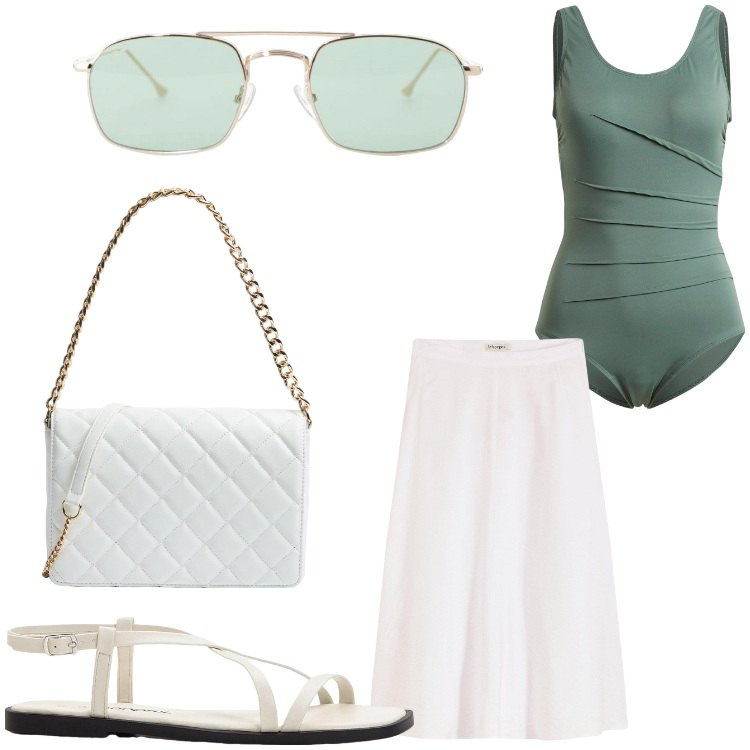 Outfit donna - Destinazione mare. Stile Casual per Mare. Abbinamento con costumi interi, sandali, gonne longuette, borse a tracolla, occhiali da sole.