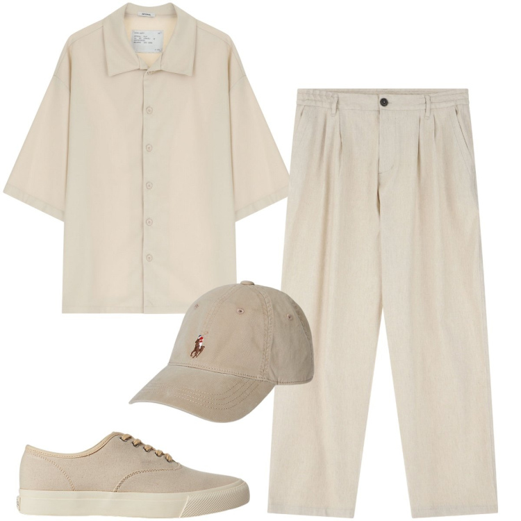 Outfit uomo - Look monocromo leggero. Stile Casual per Tutti i giorni. Abbinamento con pantaloni, camicie, sneakers, cappelli.