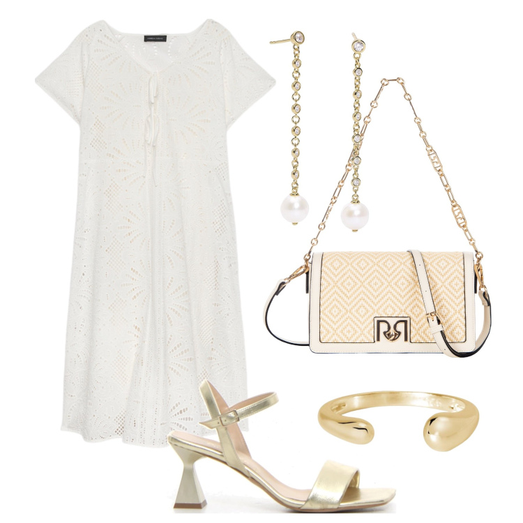 Outfit donna - Abito sangallo di sera. Stile Glamour per Serata fuori. Abbinamento con orecchini, anelli, borse a tracolla, vestiti lunghi, sandali col tacco.