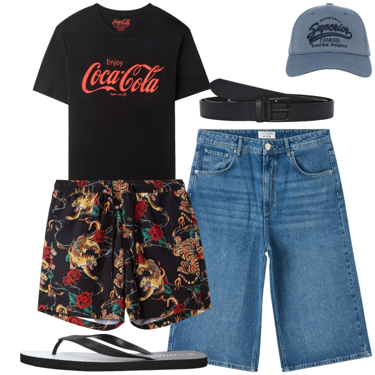 Outfit uomo - Al mare. Stile Casual per Tutti i giorni. Abbinamento con pantaloni corti, cappelli con visiera, t-shirt, sandali, costumi, cinture.