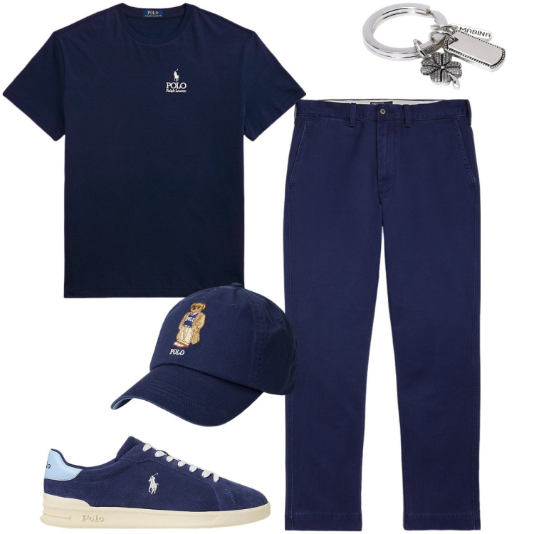 Outfit uomo - Monocromo blu. Stile Urban per Serata speciale. Abbinamento con portachiavi, cappelli, t-shirt, pantaloni chino, sneakers.