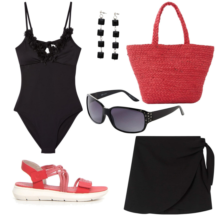 Outfit donna - Aperitivo in spiaggia. Stile Glamour per Mare. Abbinamento con occhiali da sole, shopping bag, costumi interi, vestiti da spiaggia, orecchini, sandali.