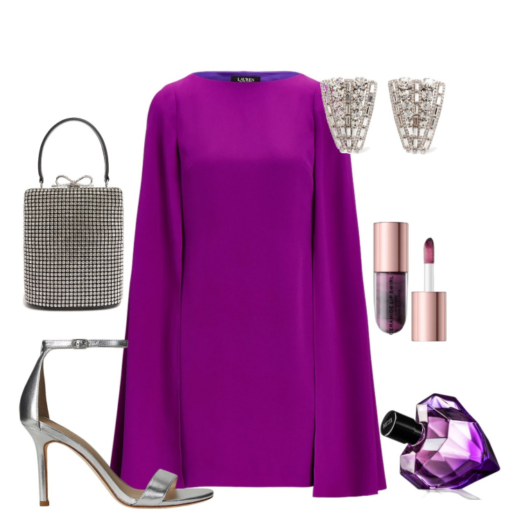 Outfit donna - Party outfit. Stile Glamour per Cerimonia. Abbinamento con profumi, gloss, vestiti, sandali in pelle, orecchini, borse a mano.