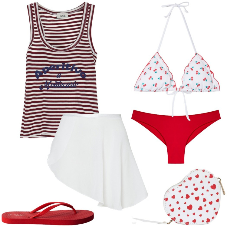 Outfit donna - Aperitivo in spiaggia. Stile Preppy per Mare. Abbinamento con portafogli, infradito, bikini, bikini, top, minigonne.