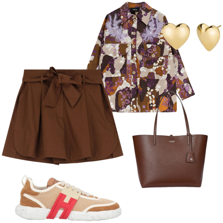 Outfit donna - Passeggiata. per Tutti i giorni. Abbinamento con sneakers, orecchini, shorts, camicie, borse tote.