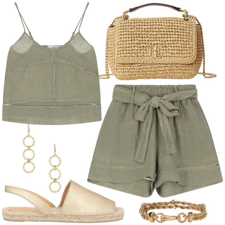 Outfit donna - Salvia Summer. Stile Boho per Tutti i giorni. Abbinamento con espadrillas, shorts, top, braccialetti, borse a spalla, orecchini.