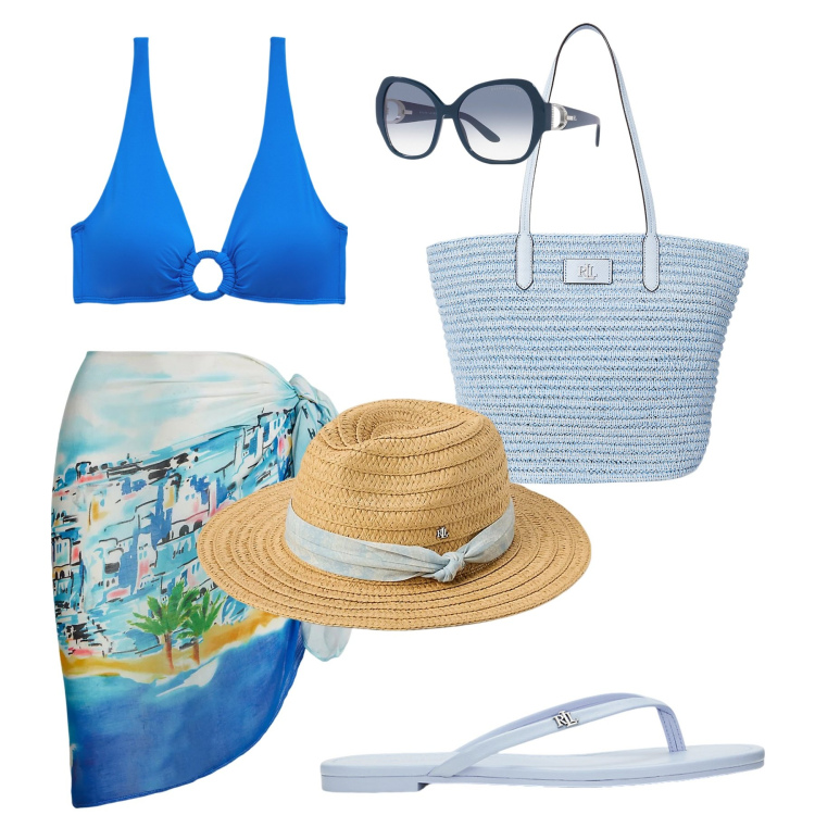 Outfit donna - Mare. Stile Basic per Mare. Abbinamento con ciabatte, cappelli, occhiali da sole, vestiti da spiaggia, borse tote, bikini.