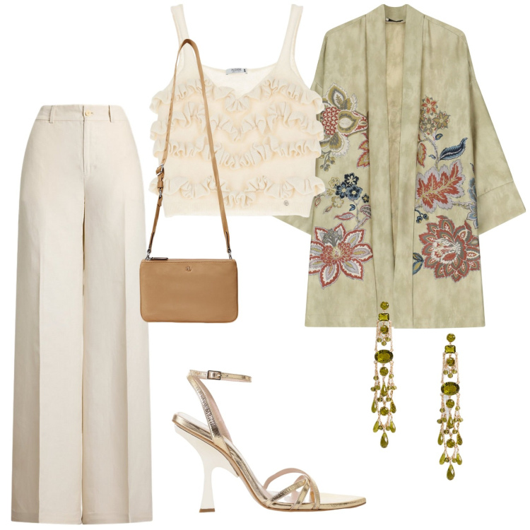 Outfit donna - Cerimonia. per Cerimonia. Abbinamento con top, sandali col tacco, cappotti, pantaloni, borse a tracolla, orecchini.