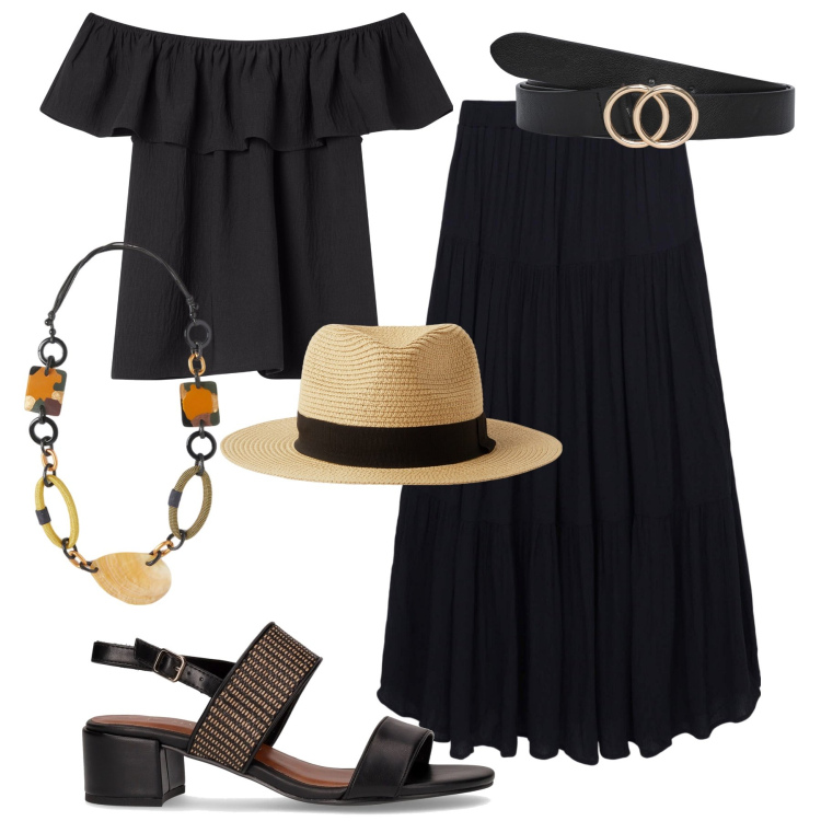 Outfit donna - Aperitivo off shoulder. Stile Boho per Tutti i giorni. Abbinamento con gonne lunghe, bluse, cappelli, cinture, collane, sandali col tacco.