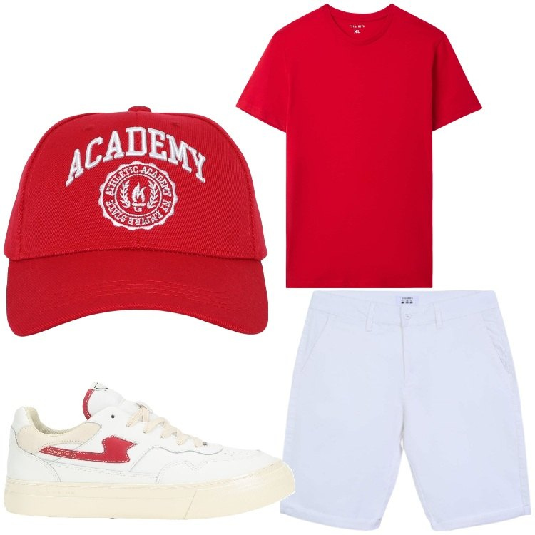 Outfit uomo - Tipo sport. Stile Casual per Tutti i giorni. Abbinamento con sneakers, cappelli, t-shirt, bermuda.