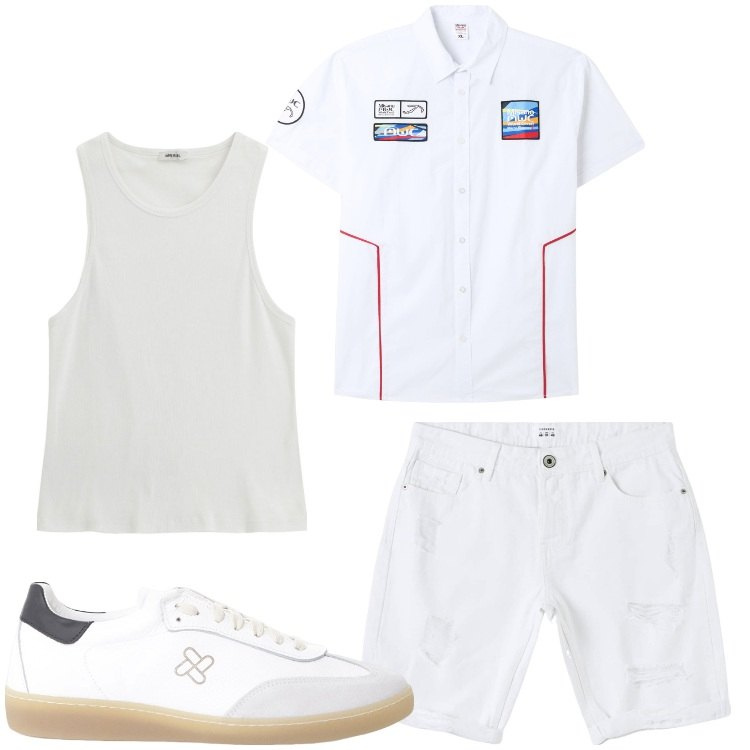 Outfit uomo - In bianco. Stile Casual per Tutti i giorni. Abbinamento con bermuda, camicie a manica corta, canottiere, sneakers.