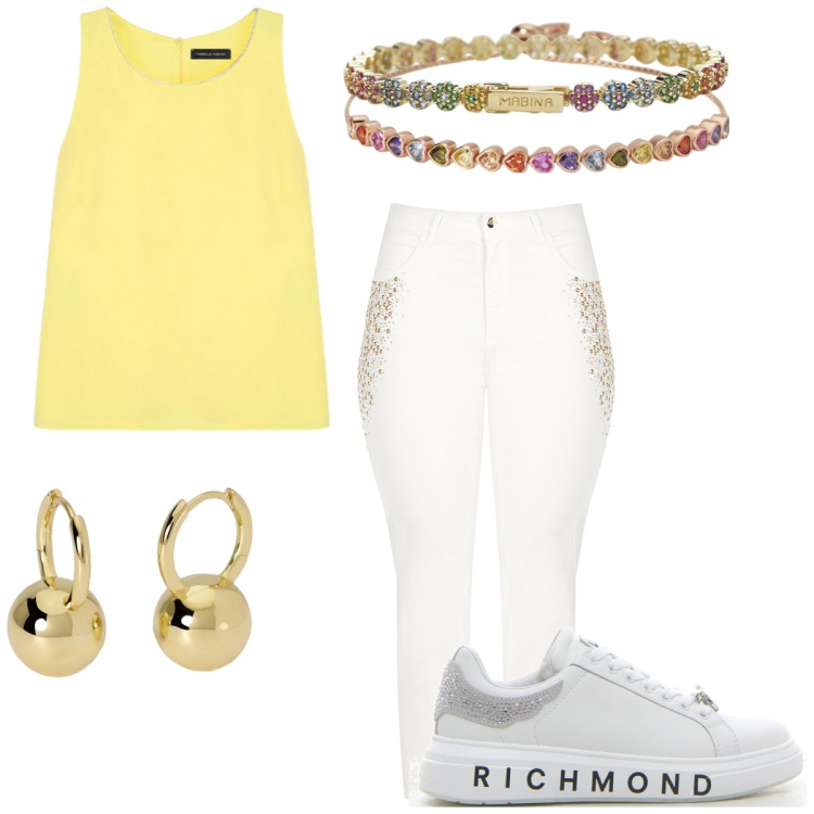 Outfit donna - Sneakers ovunque. Stile Sporty chic per Tutti i giorni. Abbinamento con braccialetti, braccialetti, orecchini, jeans dritti, top, sneakers.