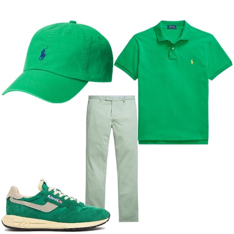 Outfit uomo - Verde estate. Stile Casual per Tutti i giorni. Abbinamento con cappelli, polo, pantaloni chino, sneakers.