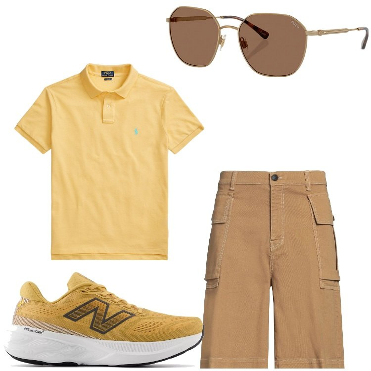 Outfit uomo - Senape e caramello. Stile Casual per Tutti i giorni. Abbinamento con shorts, sneakers, polo, occhiali da sole.