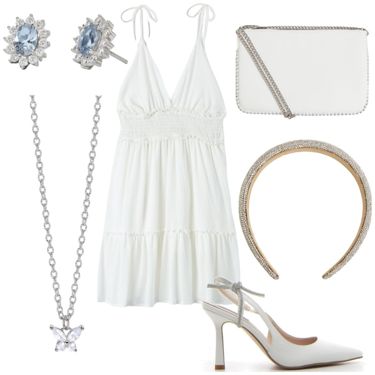 Outfit donna - Estate sbarazzina. Stile Casual chic per Serata fuori. Abbinamento con borse a tracolla, vestiti, cerchietti, orecchini, collane, décolleté.