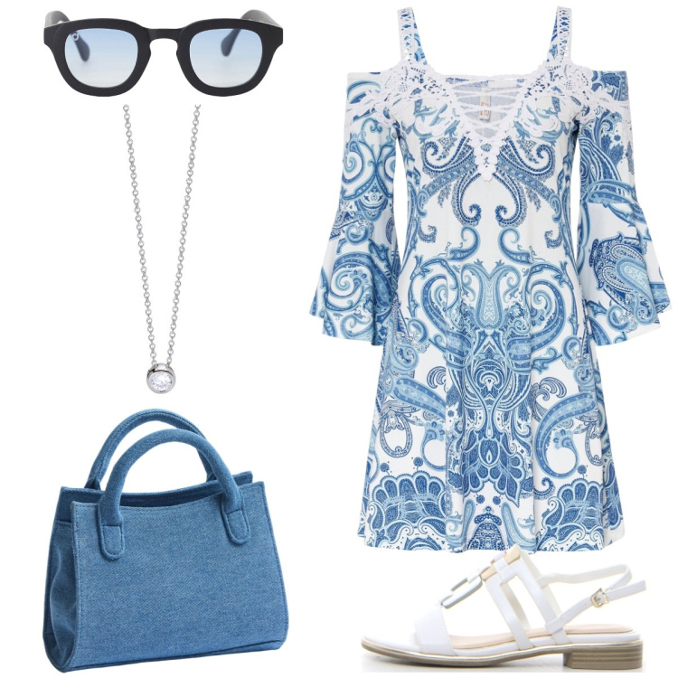 Outfit donna - In vacanza. Stile Casual chic per Tutti i giorni. Abbinamento con vestiti, borse a tracolla, collane, occhiali da sole, sandali.