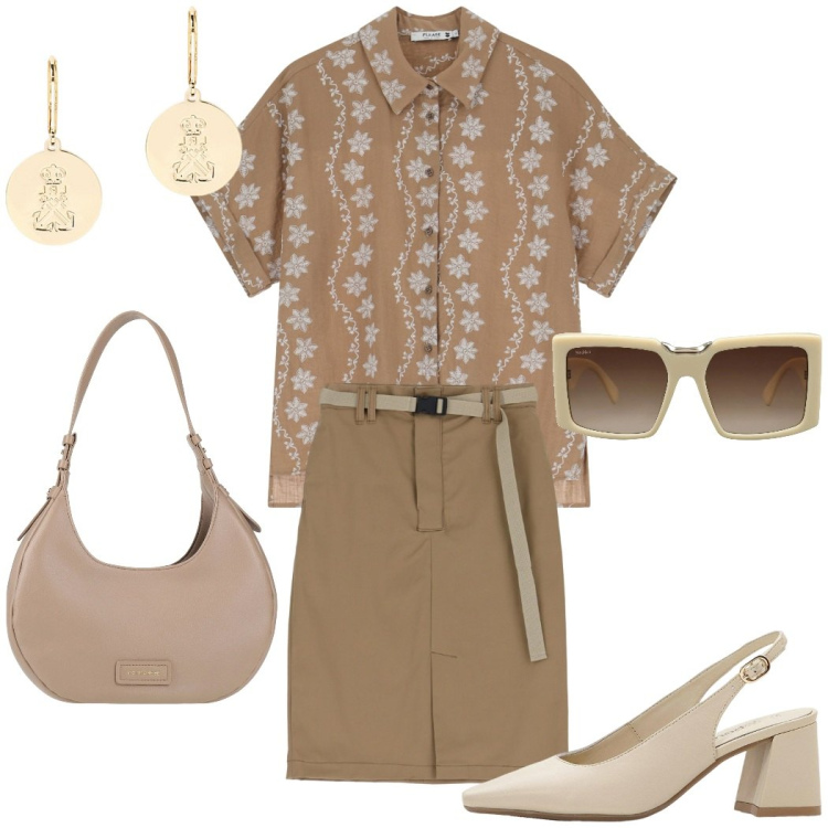 Outfit donna - In ufficio. Stile Casual chic per Ufficio. Abbinamento con décolleté, borse a spalla, occhiali da sole, gonne, camicie a manica corta, orecchini.