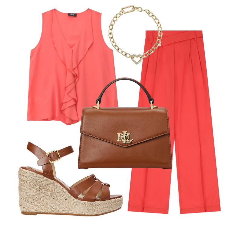 Outfit donna - Il top corallo. Stile Bon Ton per Tutti i giorni. Abbinamento con braccialetti, pantaloni, top, borse a mano, espadrillas.