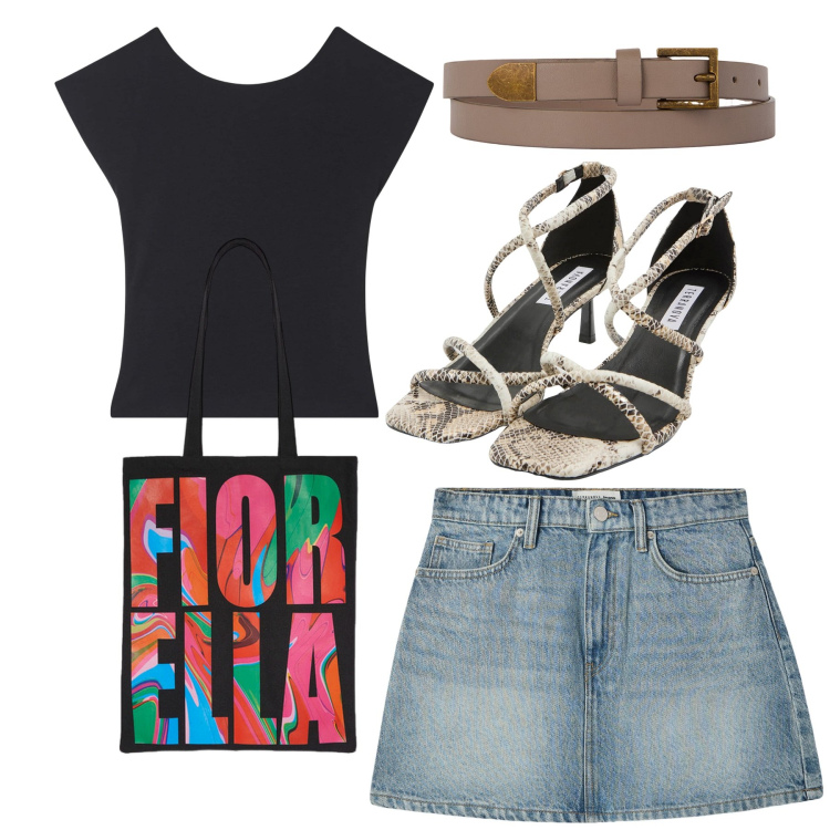 Outfit donna - Al pub. Stile Casual chic per Serata fuori. Abbinamento con t-shirt, minigonne, sandali col tacco, borse tote, cinture.