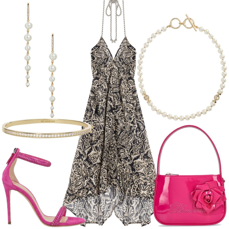 Outfit donna - Serata fuori. Stile Chic per Serata fuori. Abbinamento con sandali in pelle, braccialetti, vestiti lunghi, orecchini, collane, borse a mano.