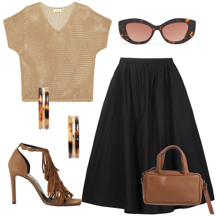 Outfit donna - Soft Brown. Stile Casual chic per Serata fuori. Abbinamento con borse a mano, maglieria, décolleté, orecchini, occhiali da sole, gonne lunghe.