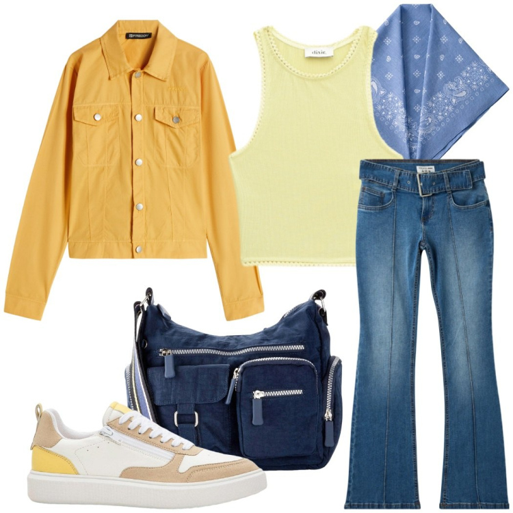 Outfit donna - Giornata libera. Stile Casual per Tutti i giorni. Abbinamento con borse a tracolla, sneakers, jeans a zampa, blazer, top, foulard.
