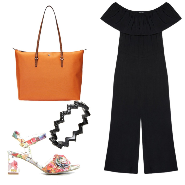 Outfit donna - Qualcosa di colorato. Stile Chic per Serata fuori. Abbinamento con anelli, borse tote, tute, sandali col tacco.