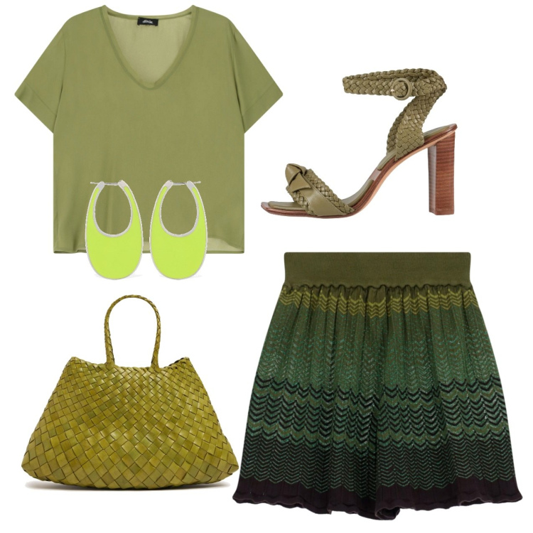 Outfit donna - Audace in verde. Stile Chic per Tutti i giorni. Abbinamento con sandali in pelle, pantaloni corti, t-shirt, orecchini, borse a spalla.