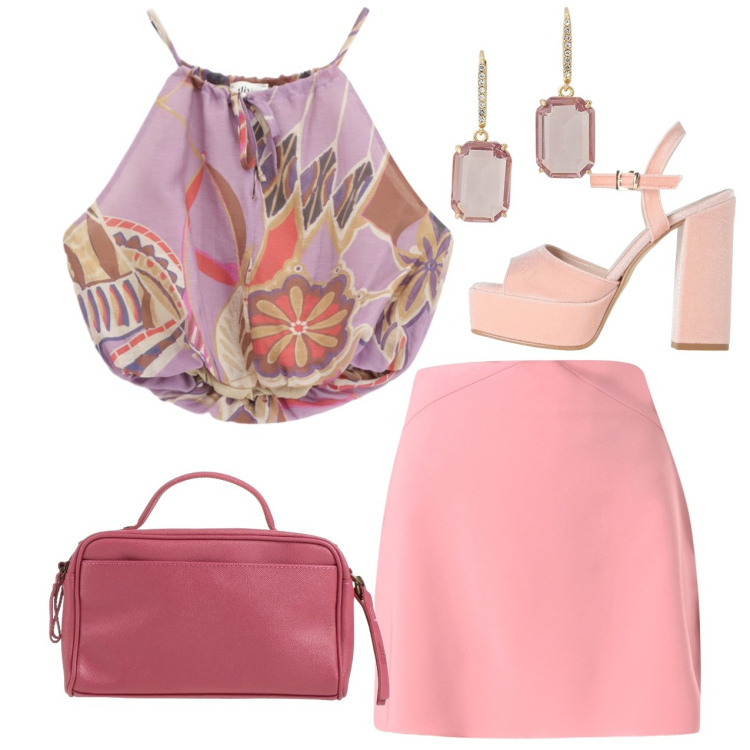 Outfit donna - Chic al matrimonio. Stile Chic per Cerimonia. Abbinamento con sandali in pelle, borse a mano, minigonne, top, orecchini.