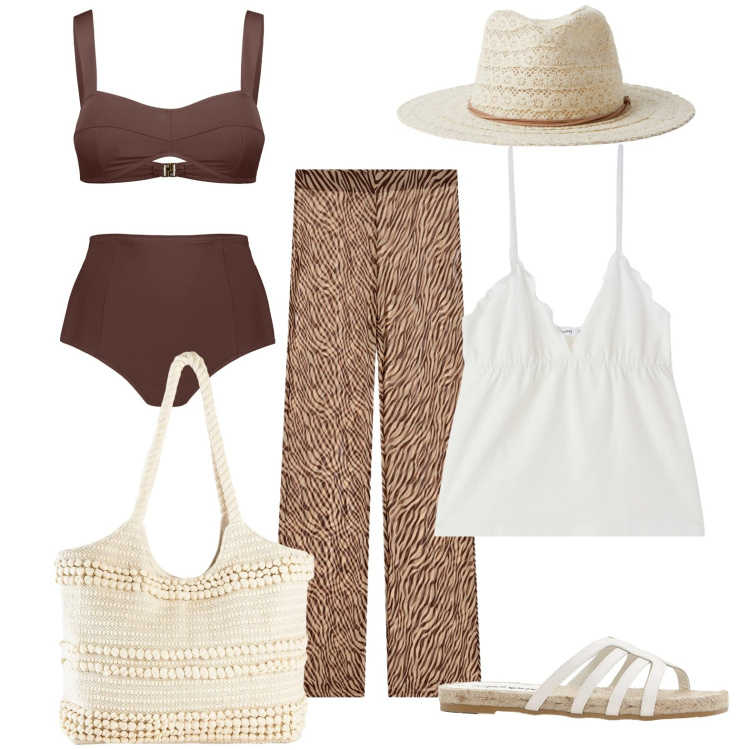 Outfit donna - Vacanze. Stile Boho per Mare. Abbinamento con ciabatte, shopping bag, cappelli, canottiere, vestiti da spiaggia, bikini.