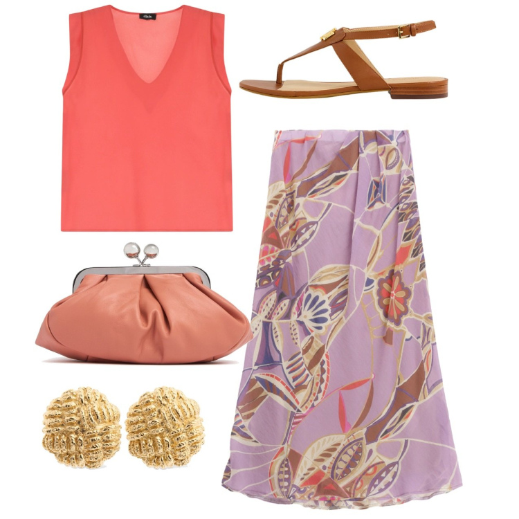 Outfit donna - La gonna colore. Stile Bon Ton per Tutti i giorni. Abbinamento con gonne lunghe, top, sandali, pochette, orecchini.