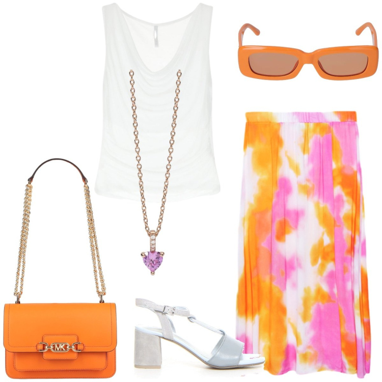 Outfit donna - In città. Stile Casual chic per Tutti i giorni. Abbinamento con borse a spalla, ciondoli, top, gonne lunghe, occhiali da sole, sandali col tacco.