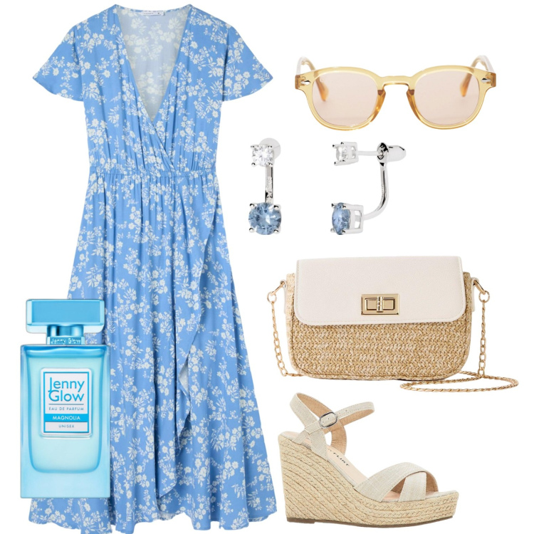 Outfit donna - Passeggiata in città. Stile Casual chic per Tutti i giorni. Abbinamento con sandali, shopping bag, profumi, vestiti lunghi, orecchini, occhiali da sole.