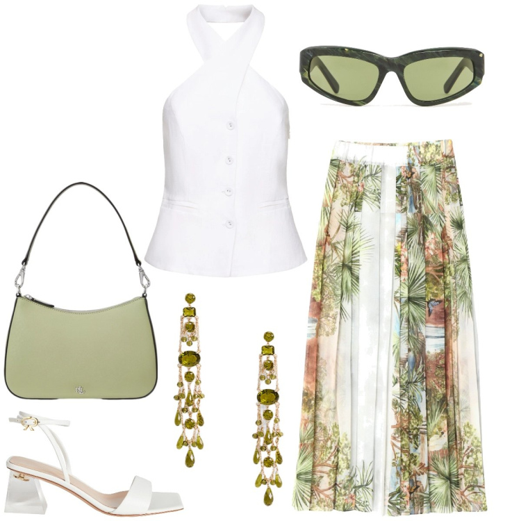 Outfit donna - In città. Stile Chic per Tutti i giorni. Abbinamento con sandali in pelle, gonne longuette, borse a spalla, orecchini, occhiali da sole, top.