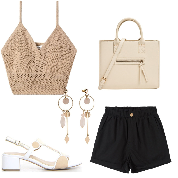 Outfit donna - Aperitivo. Abbinamento con orecchini, pantaloni corti, top, shopping bag, sandali col tacco.