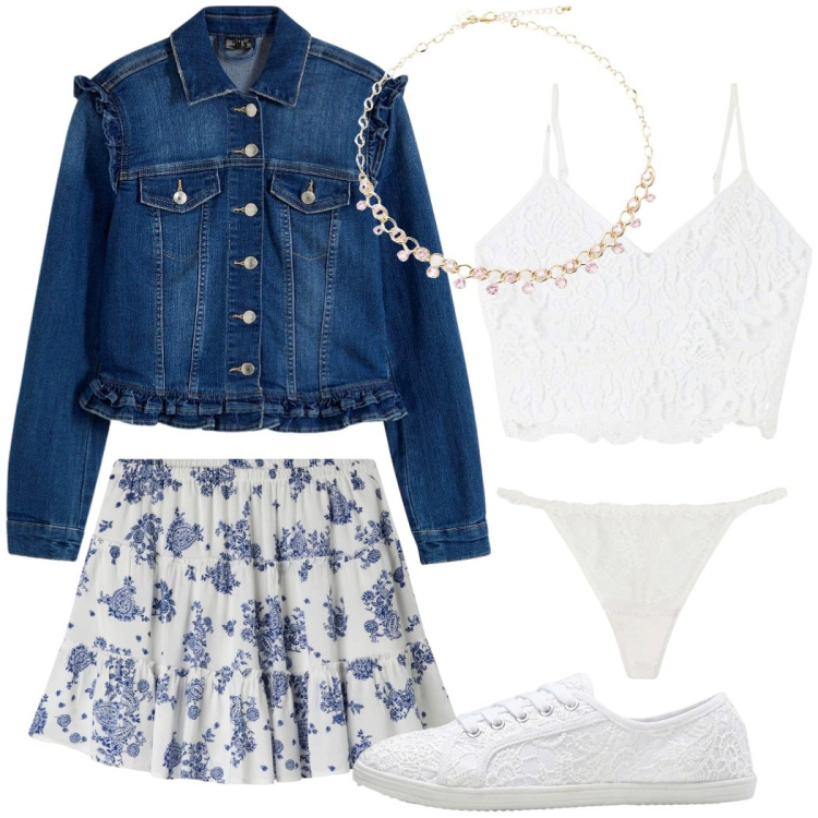 Outfit donna - Notte prima degli esami. Stile Preppy per Scuola/Università. Abbinamento con sneakers, blazer, perizomi, top, minigonne, collane.