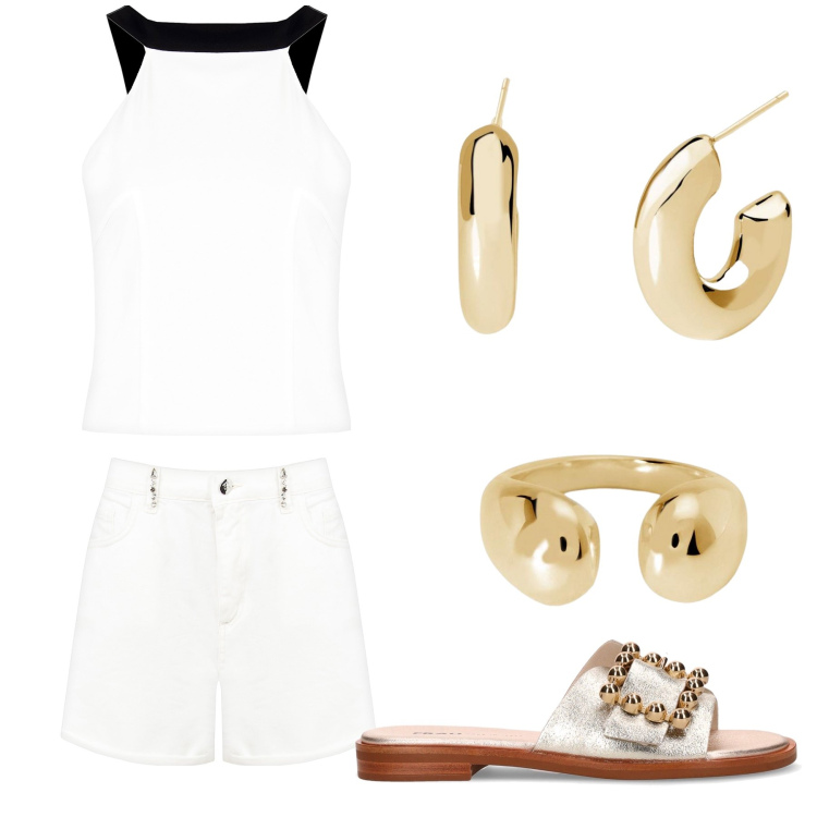 Outfit donna - Aperitivo. Stile Trendy per Tutti i giorni. Abbinamento con orecchini, anelli, top, shorts, ciabatte.