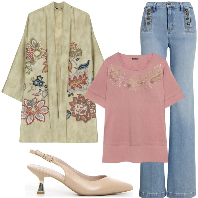 Outfit donna - Total look #2187517. Stile Etnico per Tutti i giorni. Abbinamento con cappotti, jeans, t-shirt, décolleté.